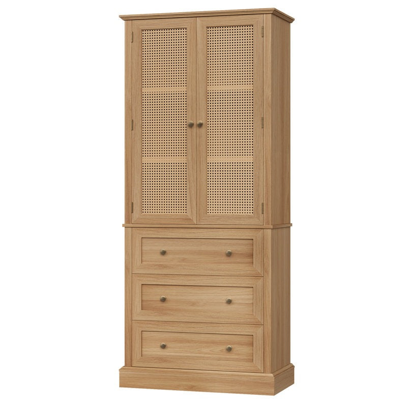 Wooden cabinet with rattan-style doors and drawers on a white background
