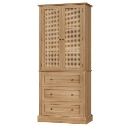 Wooden cabinet with rattan-style doors and drawers on a white background