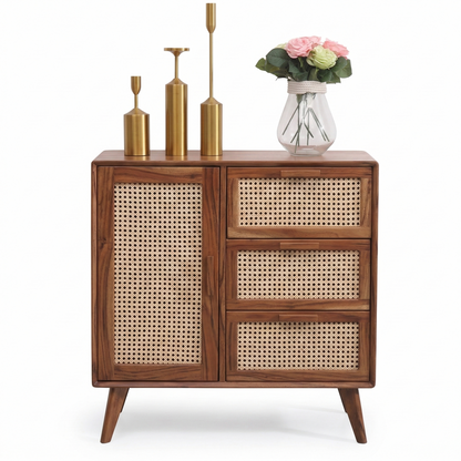 Wooden cabinet with rattan doors and drawers on a white background