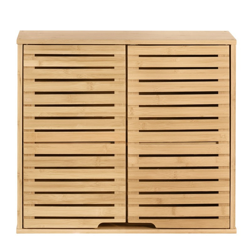 Wooden cabinet with slatted doors on a white background