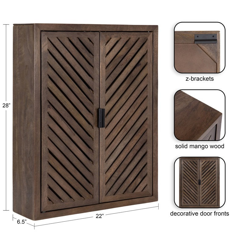 Wooden cabinet with z-brackets and solid mango wood details, shown with measurements and close-up views.