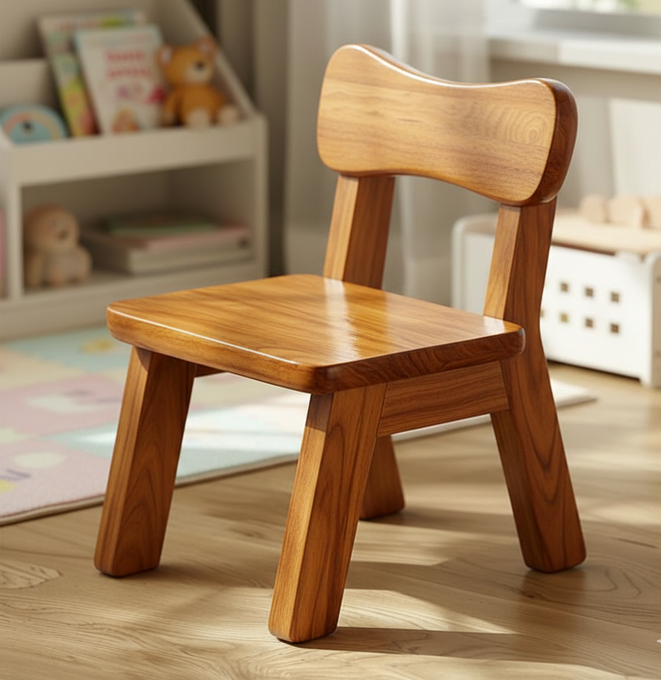 Wooden chair in a child's room with books and toys in the background