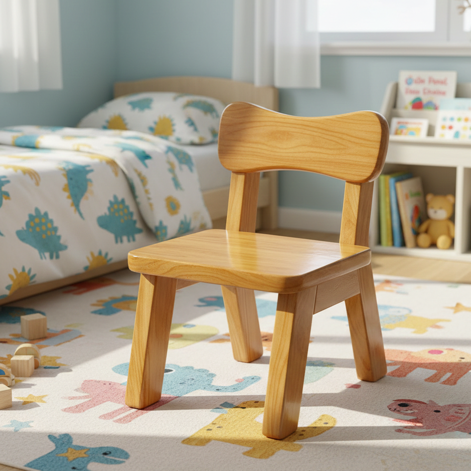 Wooden chair in a child's bedroom with dinosaur-themed bedding and toys.