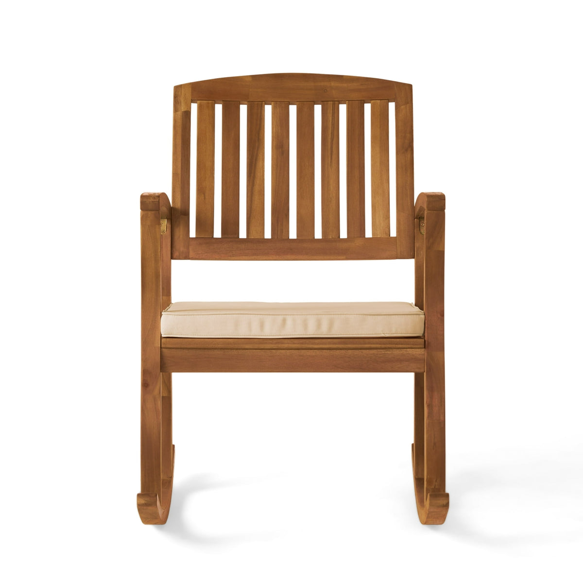 Wooden chair with a beige cushion on a white background