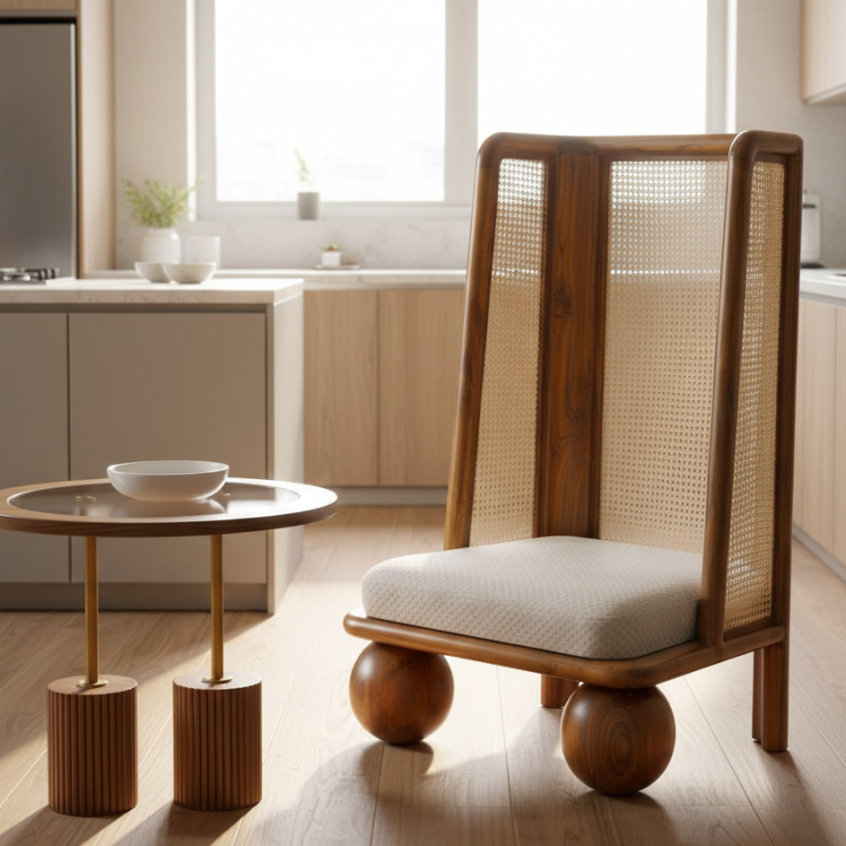 Wooden chair with a woven backrest in a modern kitchen setting
