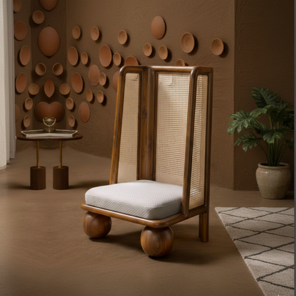Wooden chair with wicker backrest and cushion in a room with decorative wall art and plant.