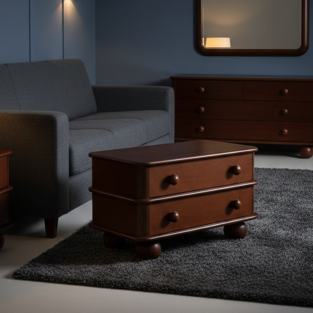Wooden chest of drawers in a dimly lit room with a gray sofa and wooden dresser.