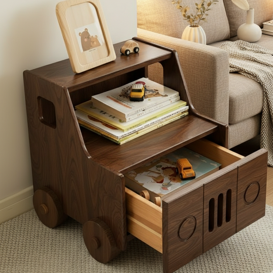 Wooden children's bookshelf designed like a car with books and toys on it, placed against a neutral wall.