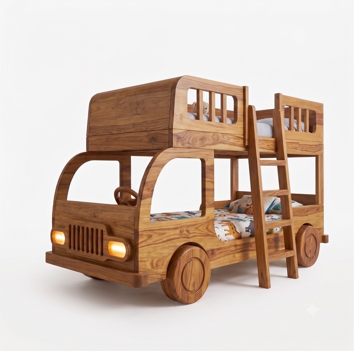 Wooden children's bed designed like a bus on a white background