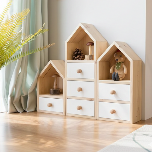Wooden children's furniture set with drawers and shelves in a room setting.