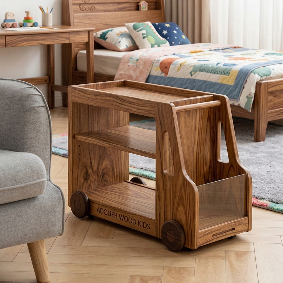 Wooden children's trolley in a bedroom setting with furniture and toys.