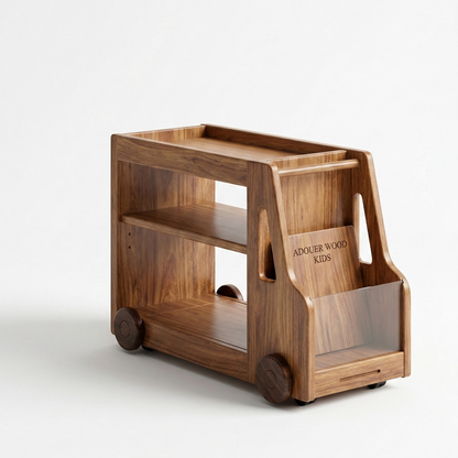 Wooden children's trolley with wheels on a white background