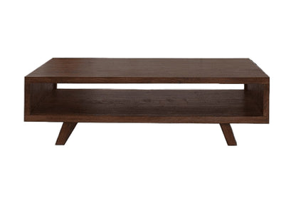 Wooden coffee table with a shelf on a white background