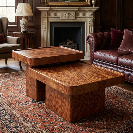 Wooden coffee table in a living room with a fireplace and sofa.
