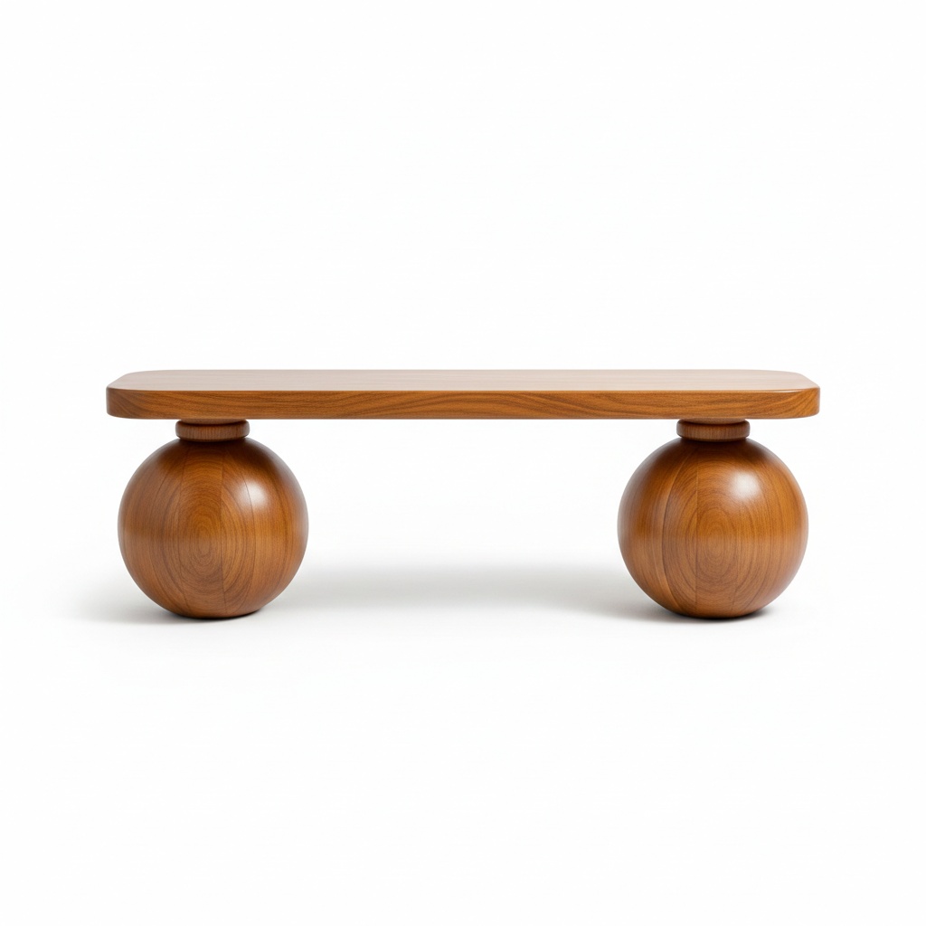 Wooden coffee table with spherical bases on a white background