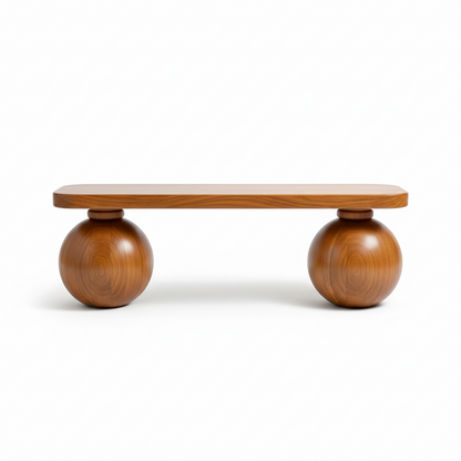 Wooden coffee table with spherical bases on a white background