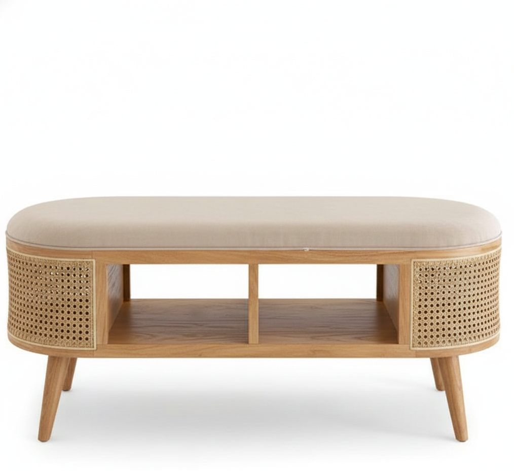 Wooden coffee table with woven sides on a white background