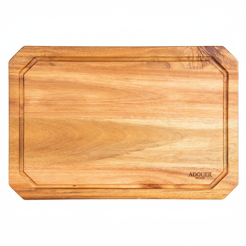 Wooden cutting board with 'ADOUER WOOD ' branding on a white background