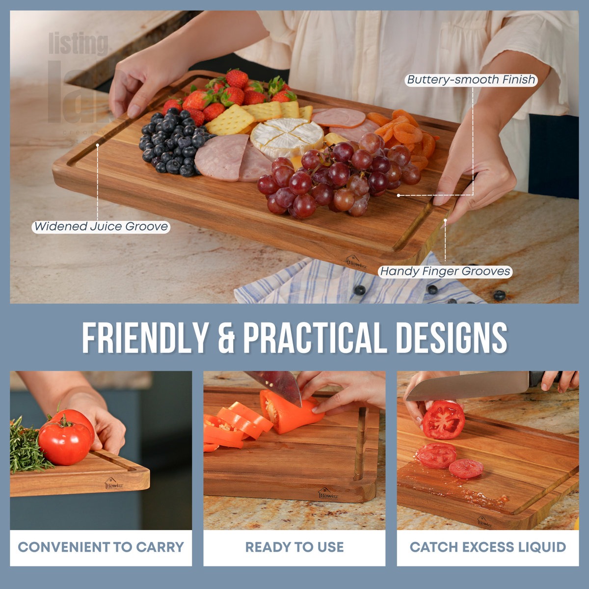 Wooden cutting board with food and text highlighting features, used for preparing a snack platter.