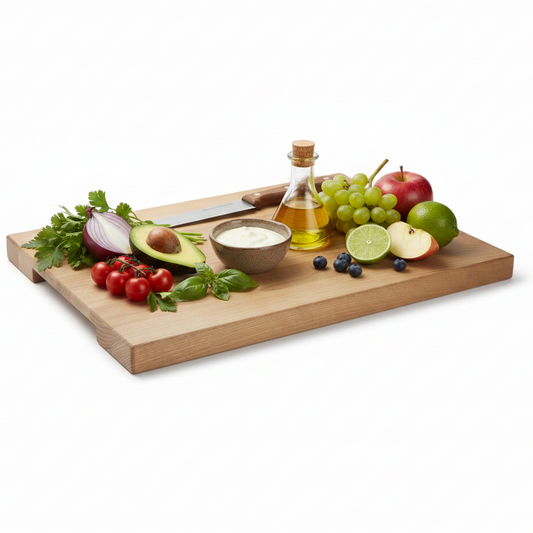 Wooden cutting board with fresh fruits, vegetables, and a bottle of olive oil on a white background