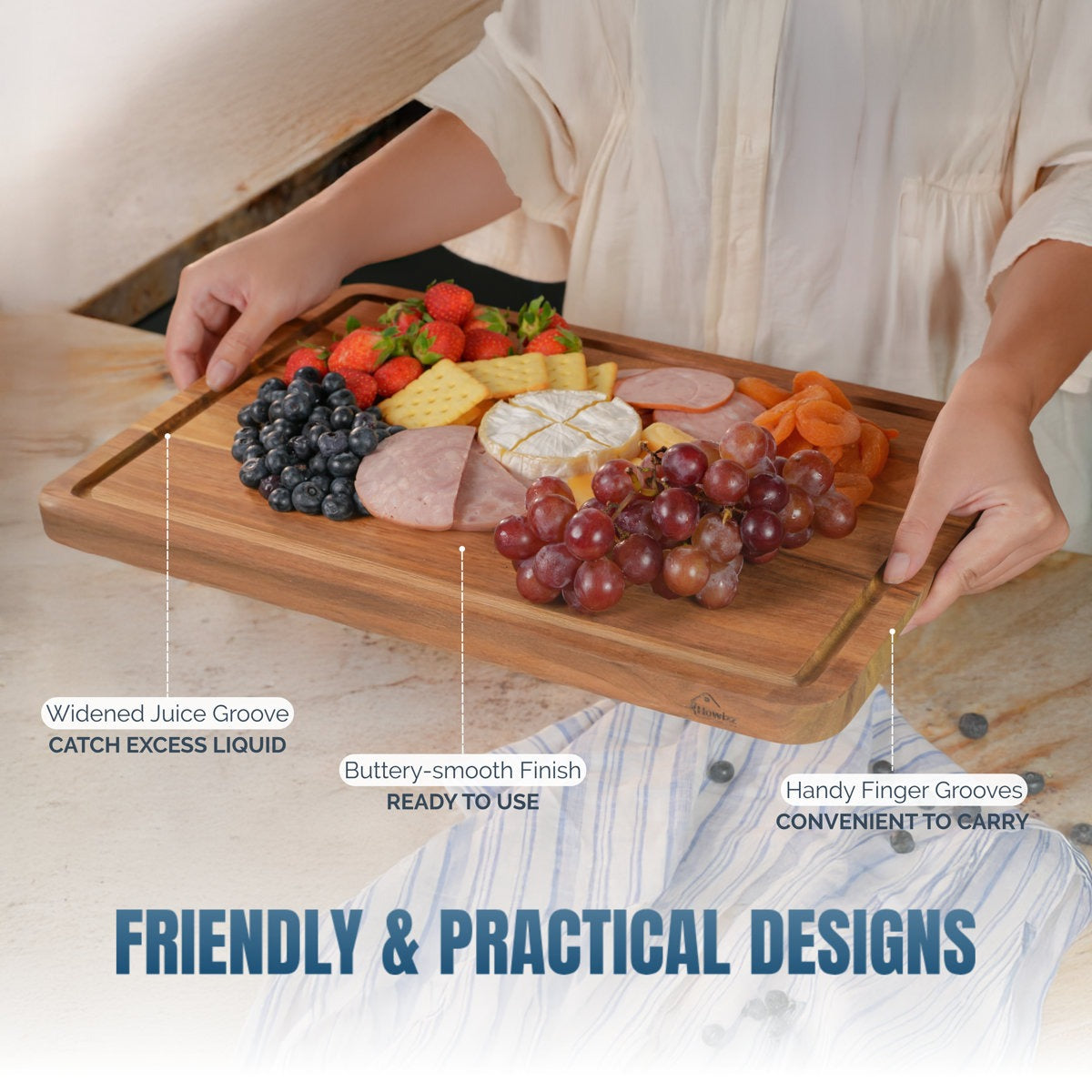 Wooden cutting board with fruits and cheese, labeled features, on a neutral background