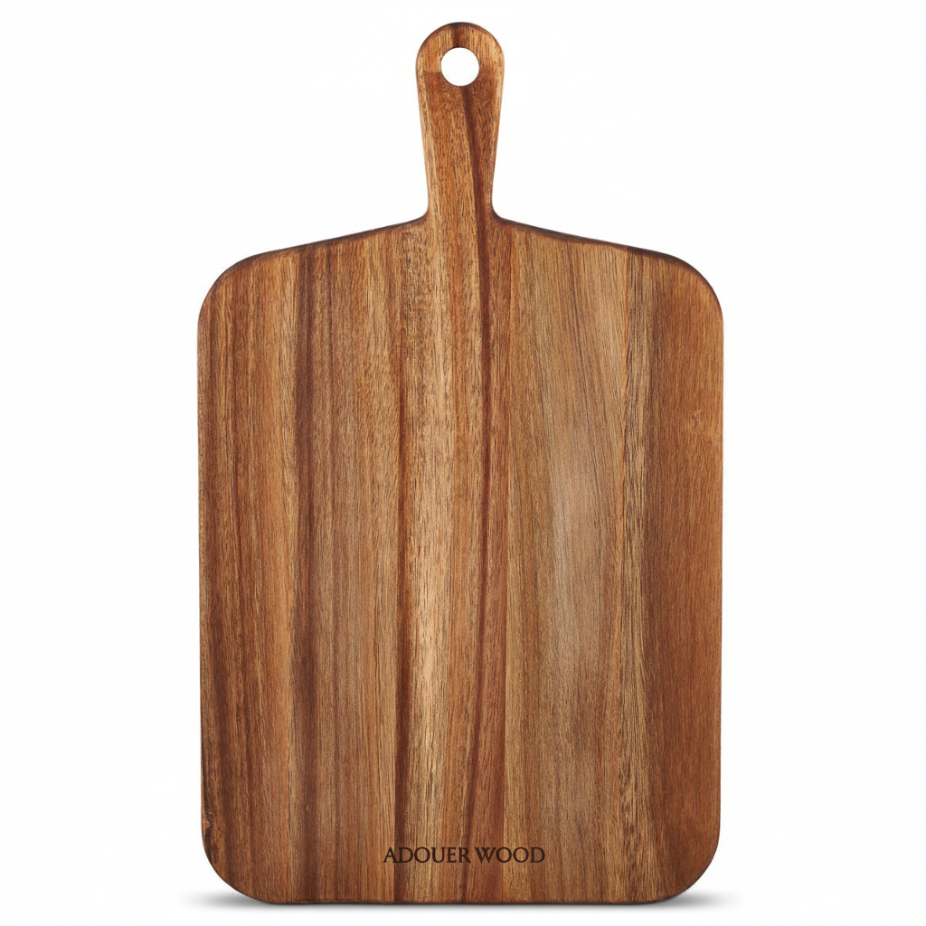 Wooden cutting board with handle on a white background, branded 'ADOUER WOOD'.
