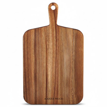 Wooden cutting board with handle on a white background, branded 'ADOUER WOOD'.