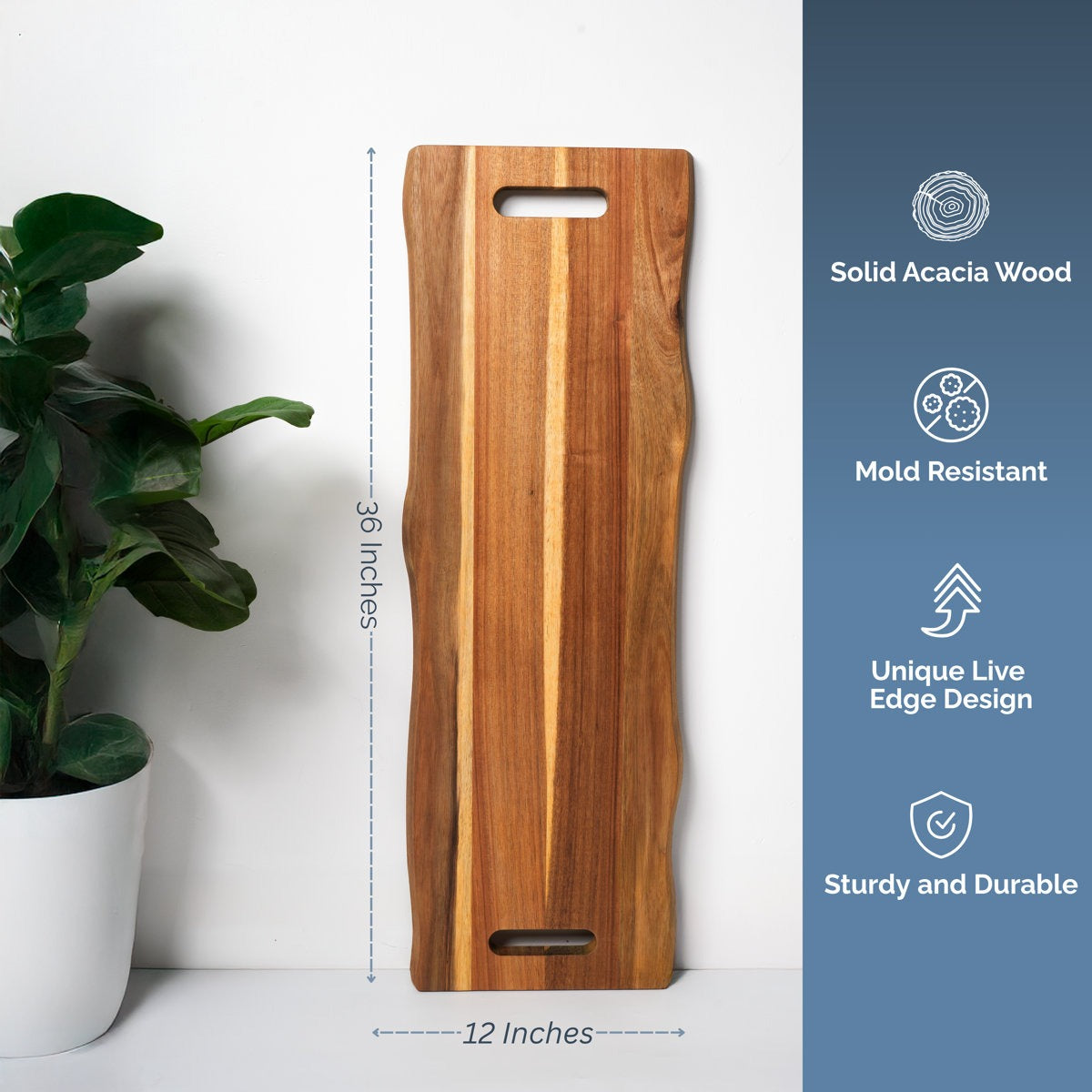 Wooden cutting board with measurements and features on a white background