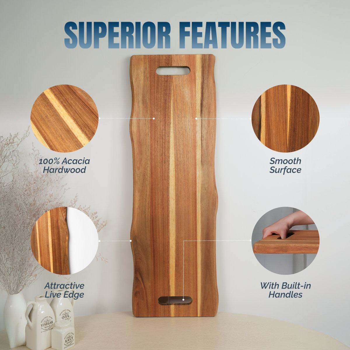 Wooden cutting board with superior features highlighted on a light gray background