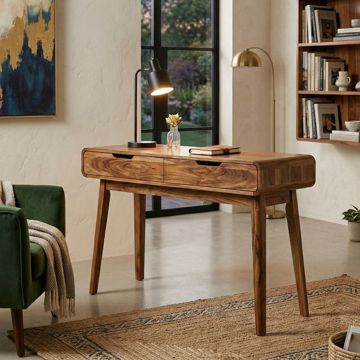 Wooden desk in a home office setting with a lamp, books, and decor items.