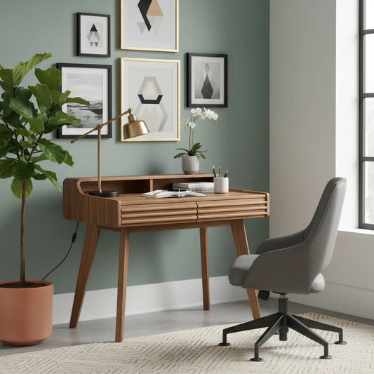 Wooden desk with chair in a room with green walls and framed art.