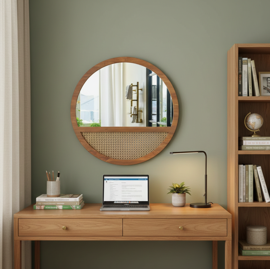 Wooden desk with laptop, lamp, and decor items against a green wall with a round mirror.