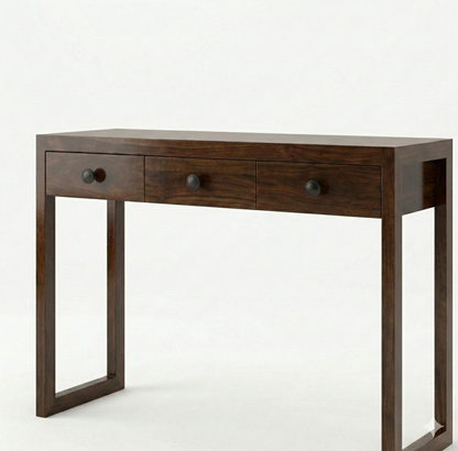 Wooden desk with three drawers on a white background