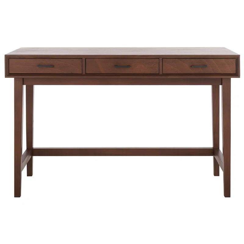 Wooden desk with three drawers on a white background