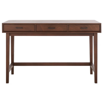 Wooden desk with three drawers on a white background