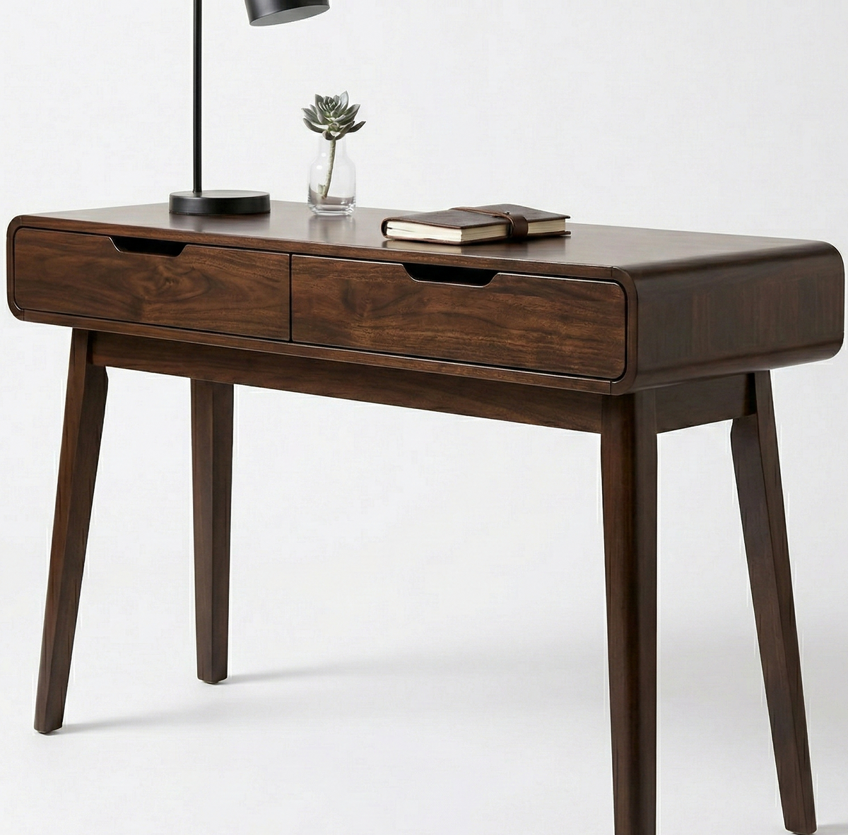 Wooden desk with two drawers on a white background