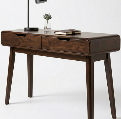 Wooden desk with two drawers on a white background