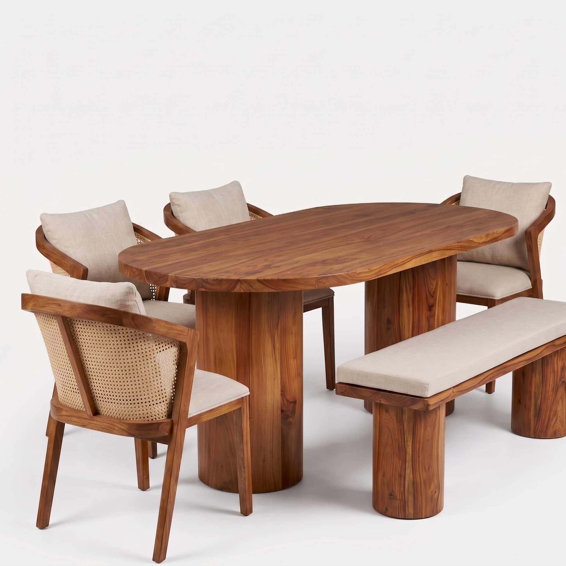 Wooden dining set with table and chairs on a white background