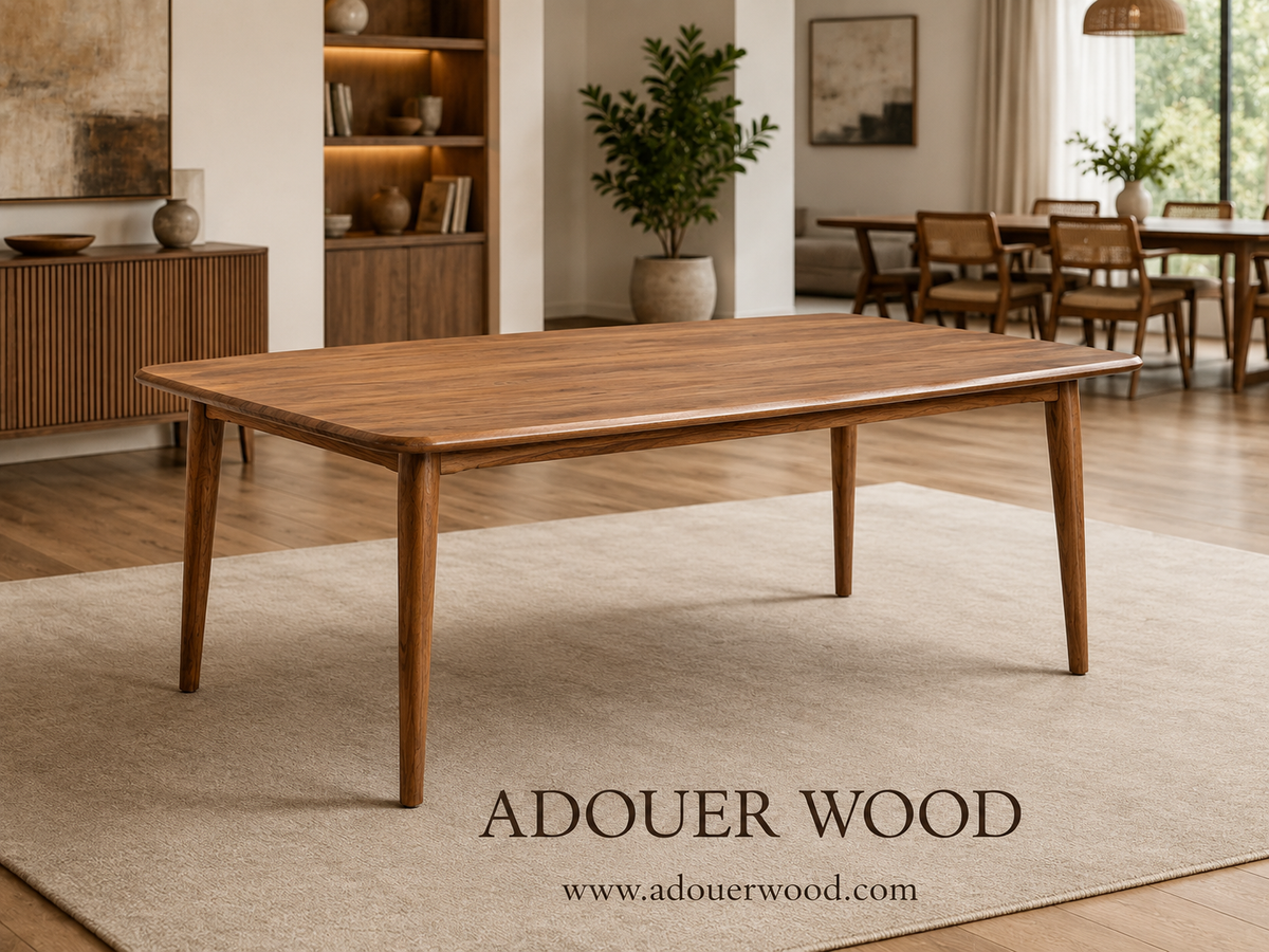 Wooden dining table in a room with furniture , featuring the brand 'ADOUER WOOD'.