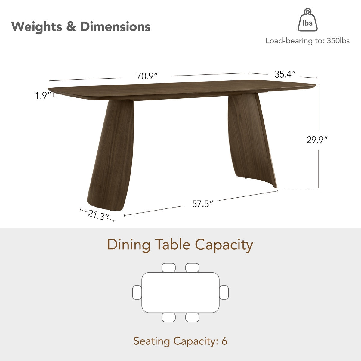 Wooden dining table with dimensions and capacity details on a white background