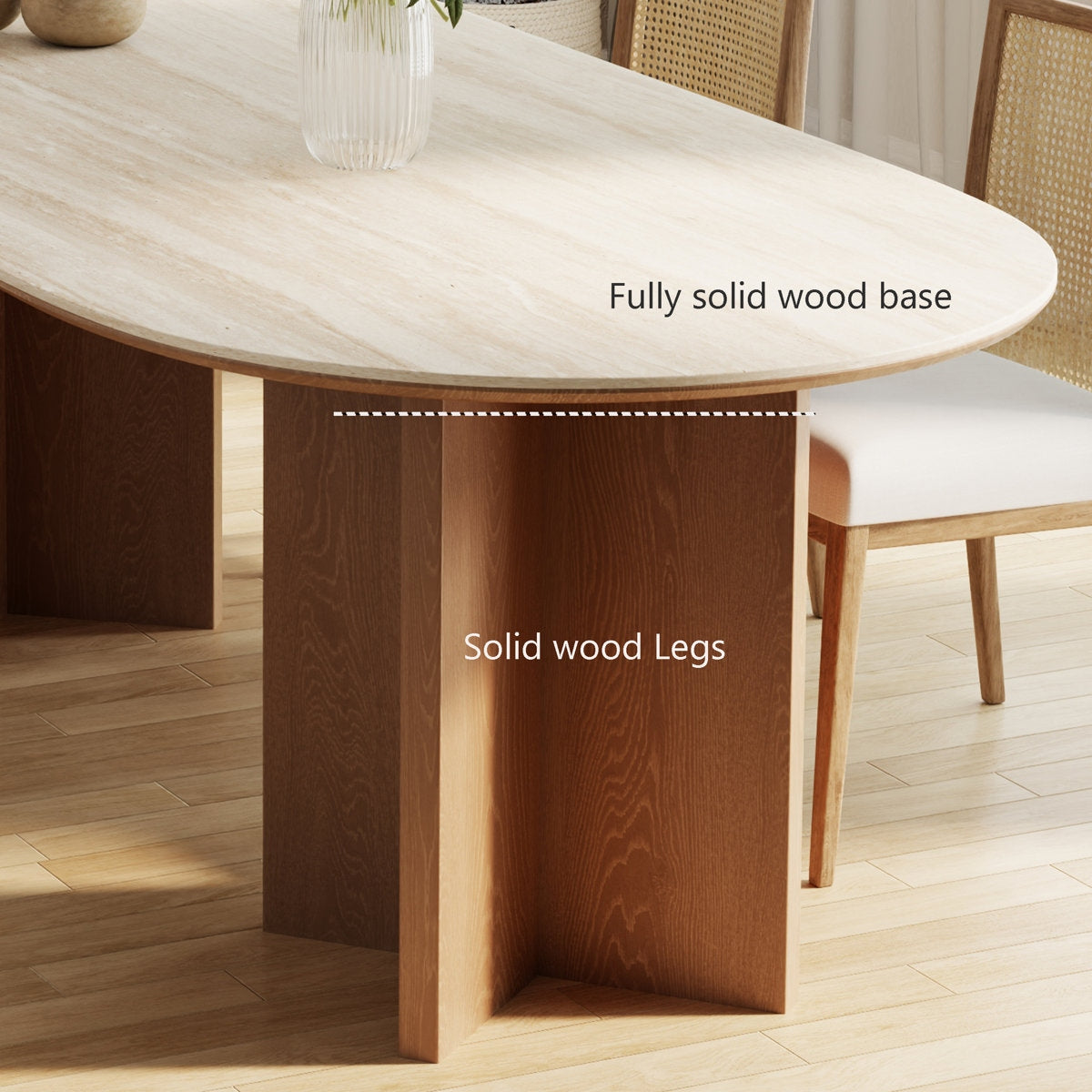 Wooden dining table with labeled solid wood base and legs in a room setting.