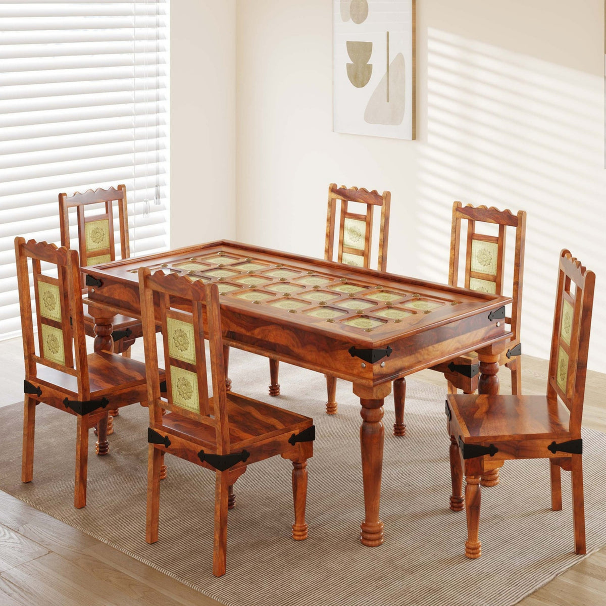 Wooden dining table with six matching chairs in a room with white blinds.