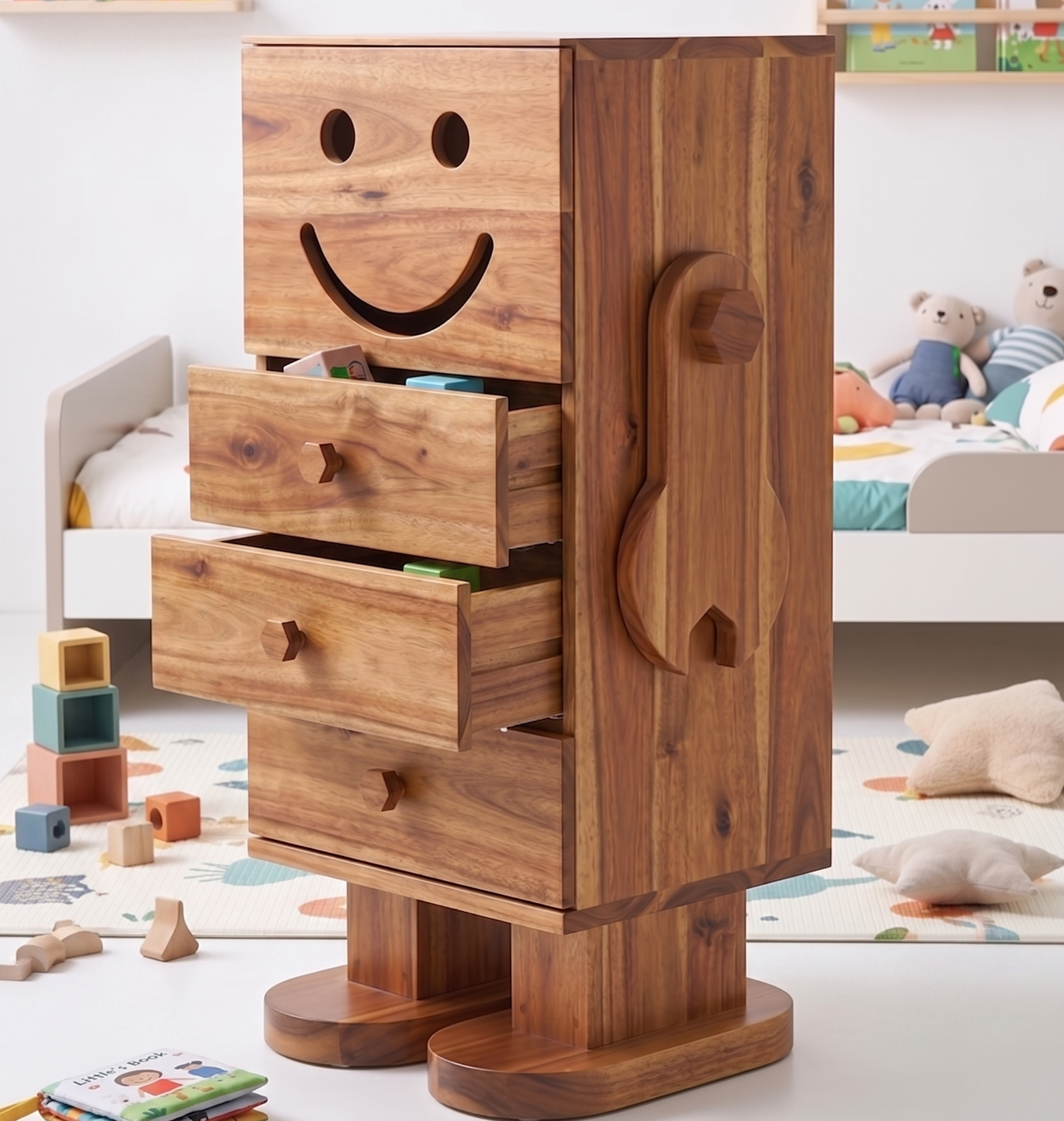 Wooden drawer unit with 3 drawers smiley face design in a child's room