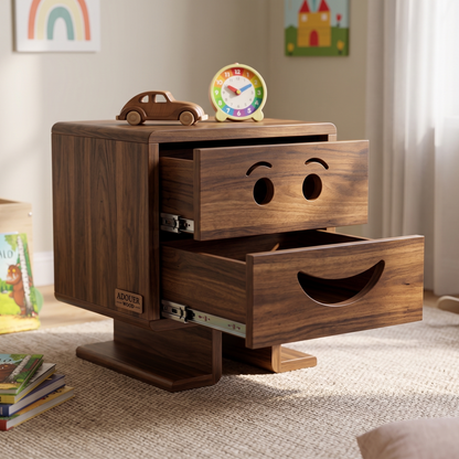 Wooden drawer unit with face design in a child's room