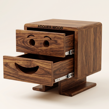 Wooden drawer unit with smiley face design on a beige background, branded 'ADOUER WOOD'.
