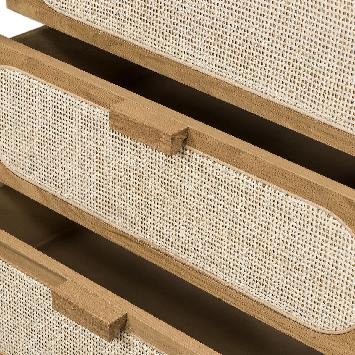 Wooden drawers with woven texture on a white background