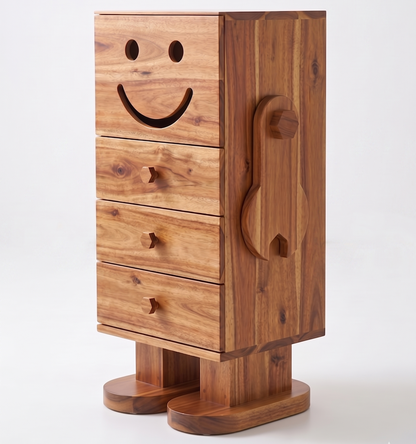 Wooden dresser with smiley face design on a white background