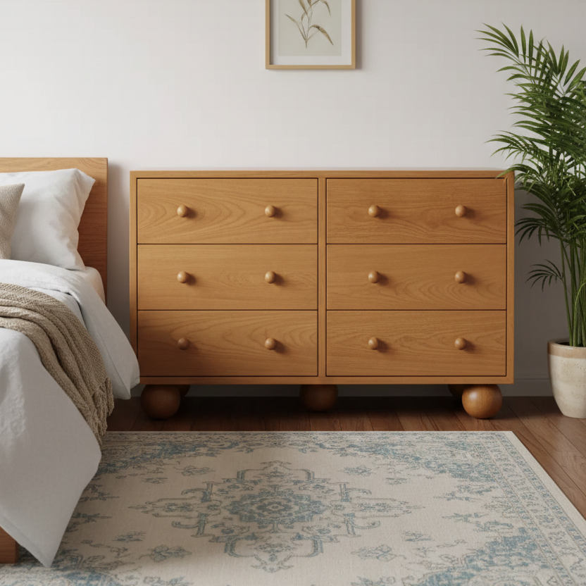 Wooden dresser in a bedroom with a bed and plant