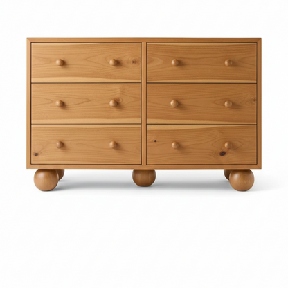 Wooden dresser with multiple drawers and round legs on a white background