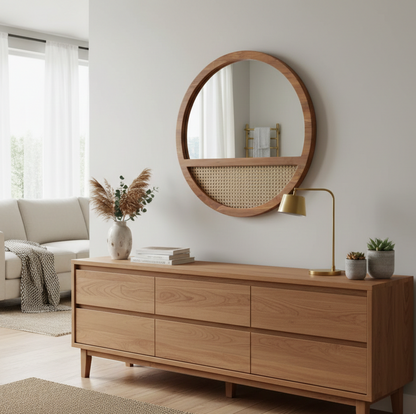 Wooden dresser with round mirror in a living room setting